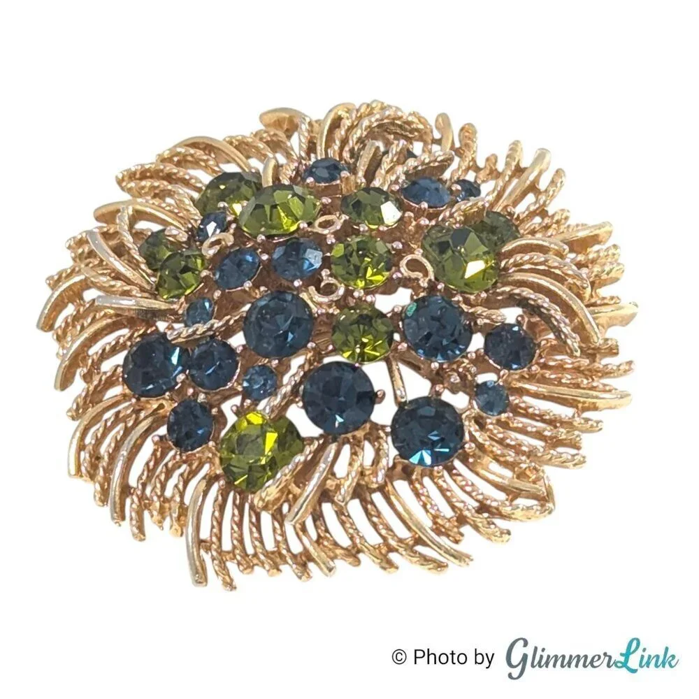 Vintage 60s Lisner Round Floral Green Blue Rhinestone Crystal Gold Tone Brooch